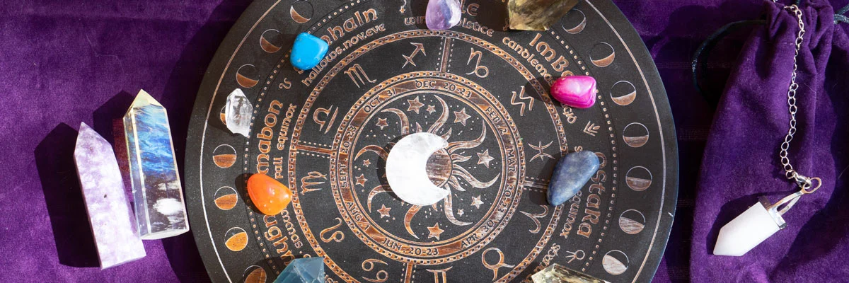 Destiny Matrix compatibility chart with zodiac symbols, crystals, and celestial elements
