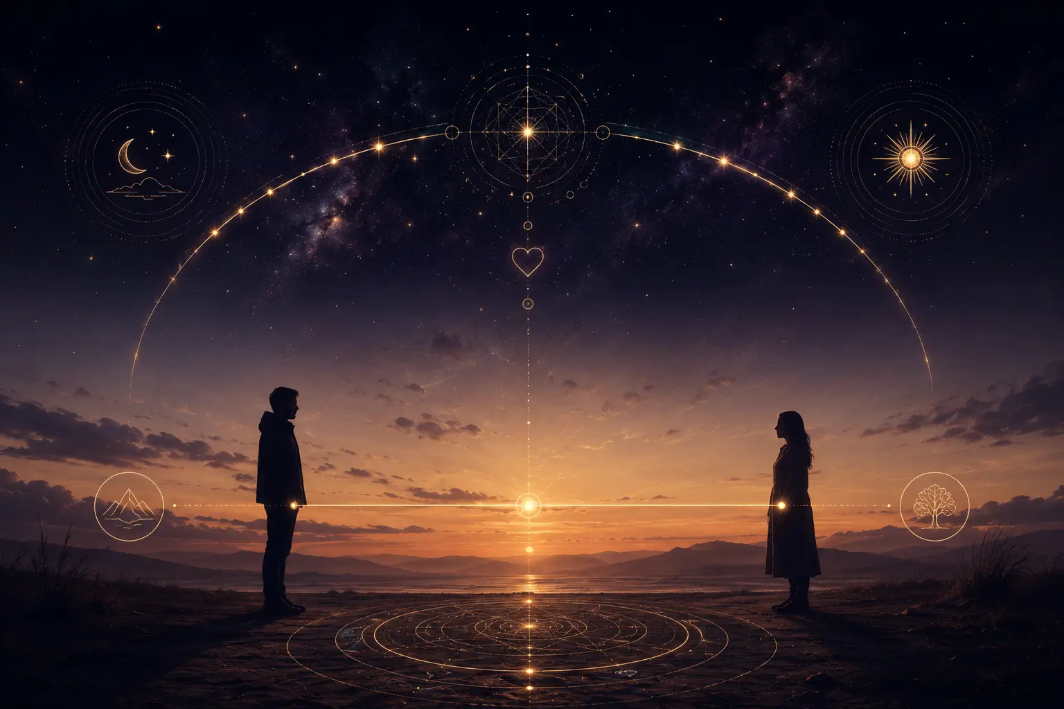 Destiny Matrix compatibility showing two people connected by earth and sky lines, representing the purpose of their meeting